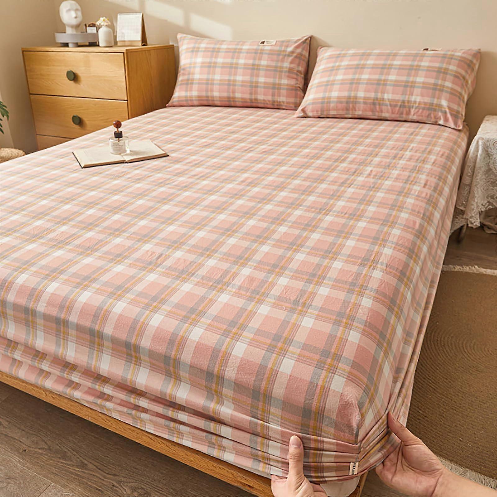Extra deep fitted sheet, checkered, soft cotton grid stretchy bed sheet (Queen, Pink)