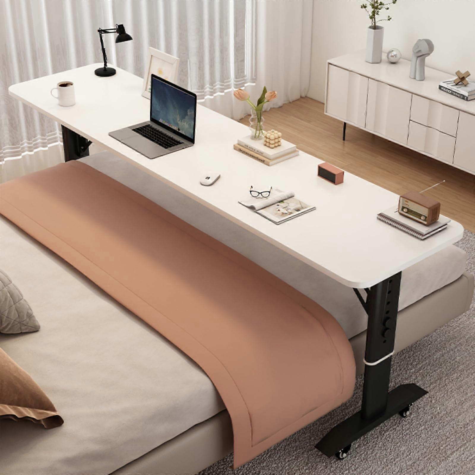 Rolling Desk Solid Wood Height-Adjustable Bedside Computer Desk 150x50 cm (59.1x19.7 in) Black No Lip