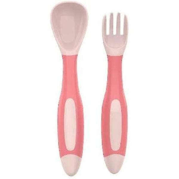 Silicone spoon and fork set with baby trainer box - pink