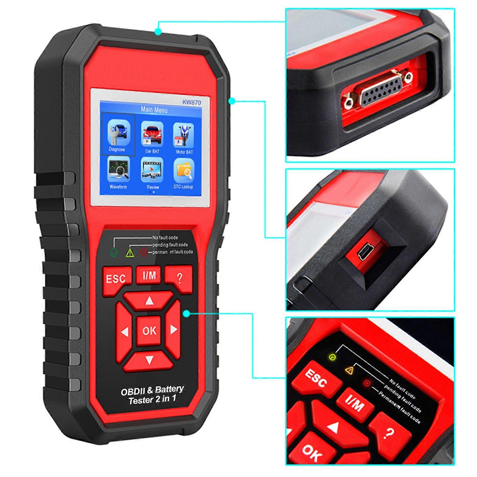 Car diagnostic tool for OBDII code reading and battery testing