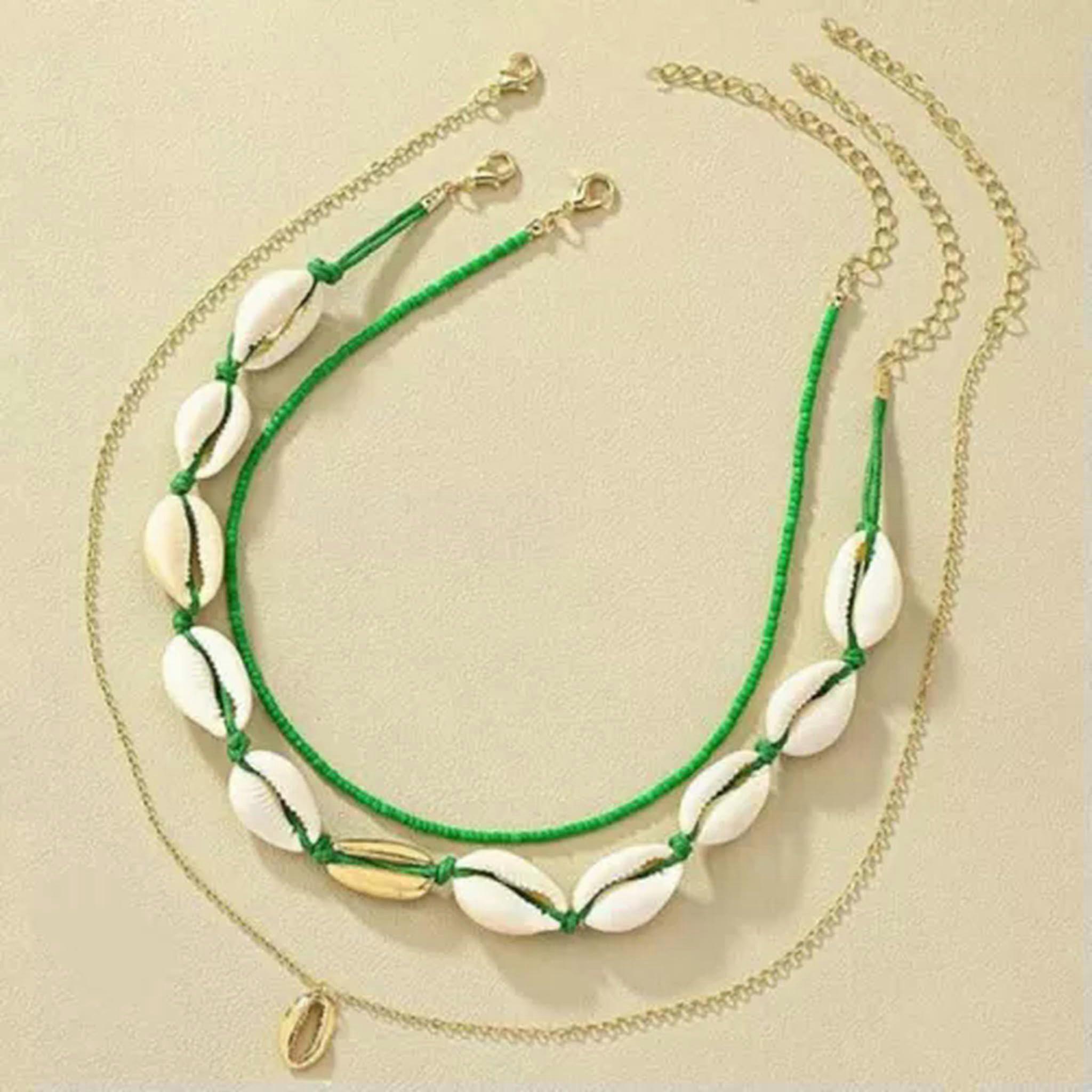 Three-Layer Beach Shell Necklaces Natural Shell Jewelry Green Color Adjustable Length Multi-Strand Style