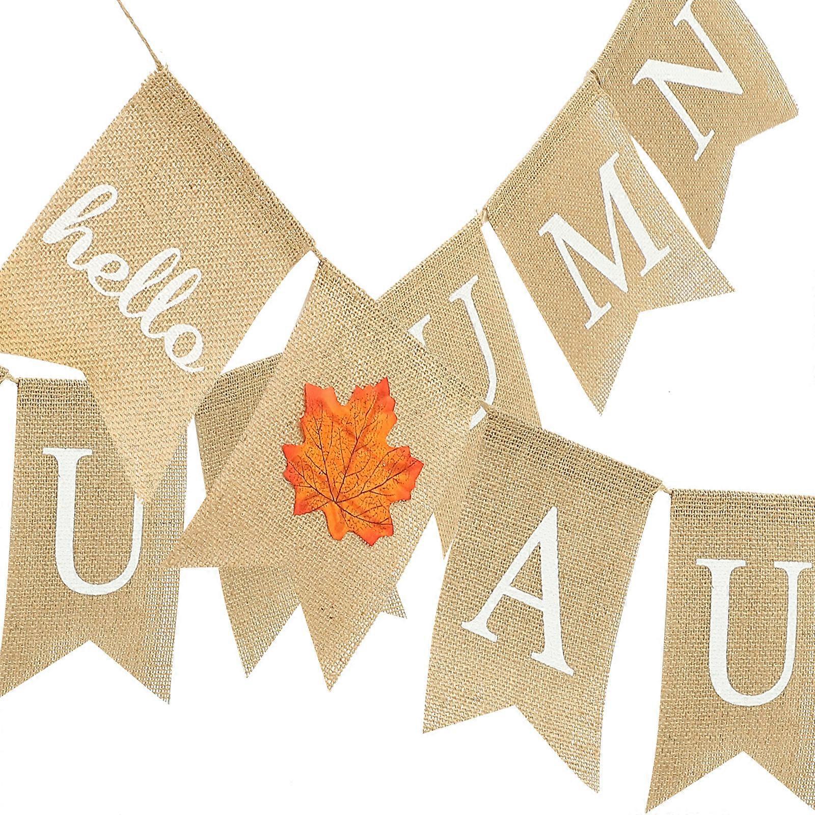 Hello Autumn Bunting Linen Banner for Decoration White Burlap Banner