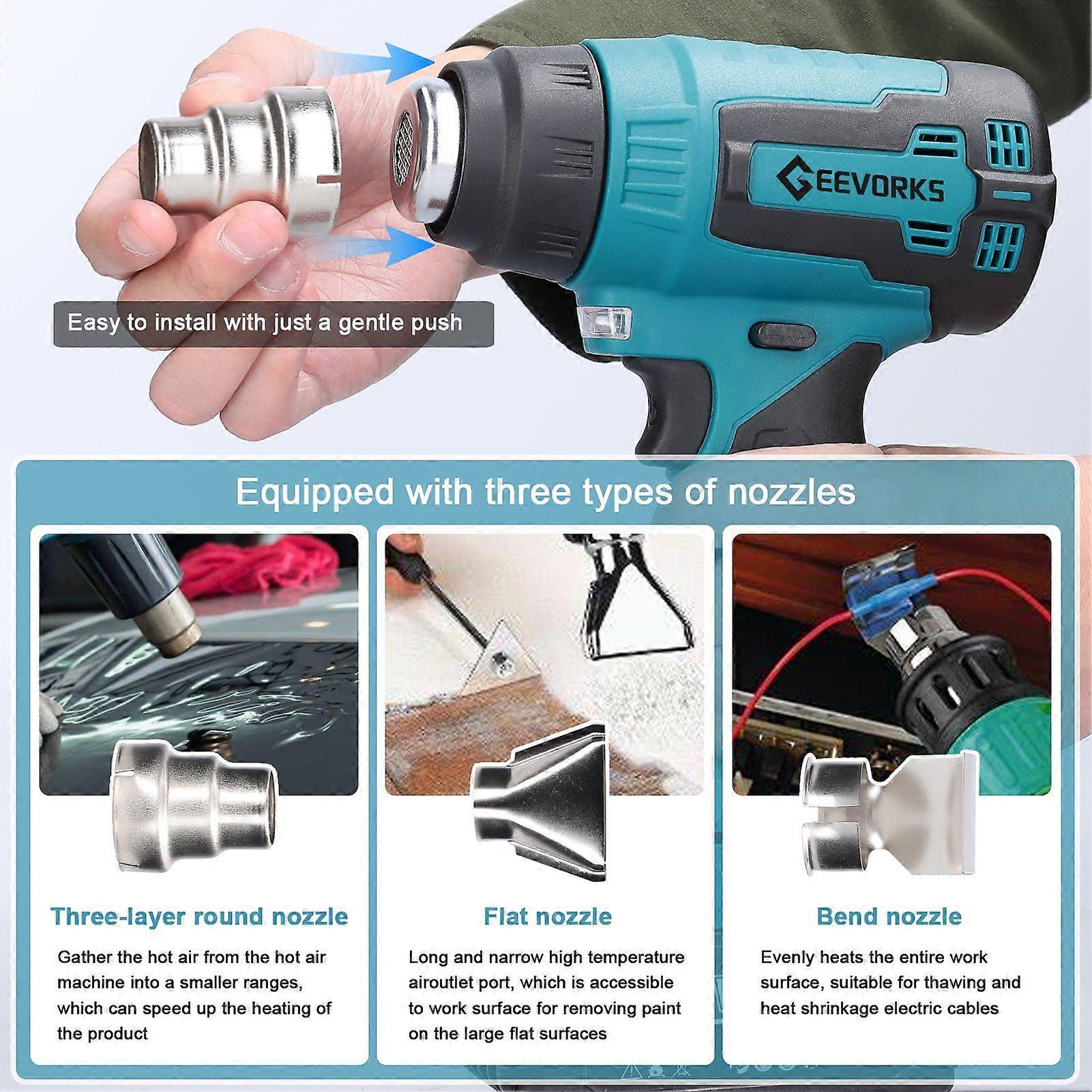 Cordless Handheld Hot Air Machine Lithium Rechargeable Heating Equipment High Temperature Power Tool with 3 Nozzles for Shrink Wrapping Heat Shrink Tu