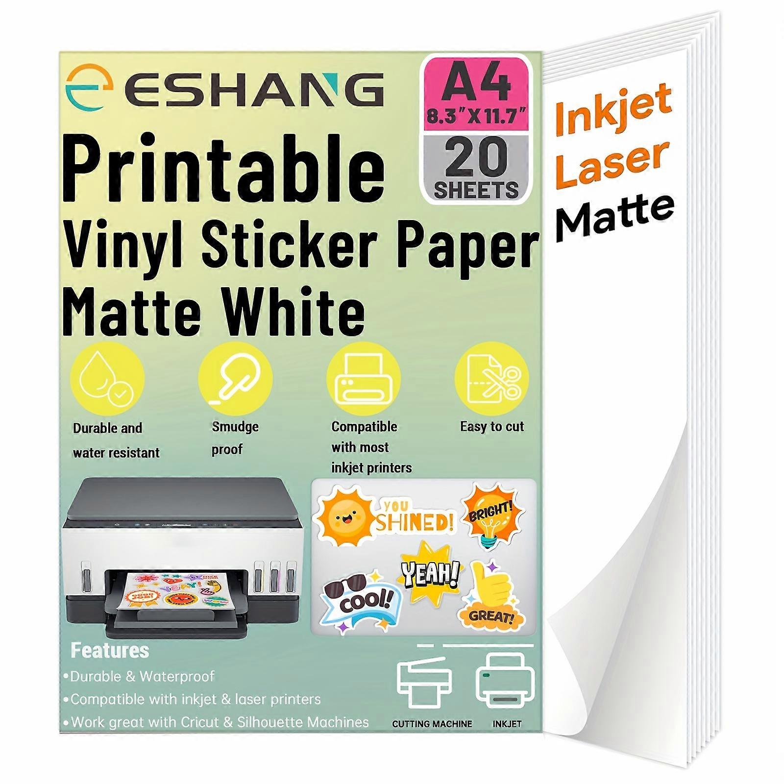 A4 Printable Vinyl Sticker Paper for Inkjet and Laser Printer - 20 Sheets White Matte Sticker Paper Waterproof Adhesion Paper 8.3" x 11.7", Fast Dry