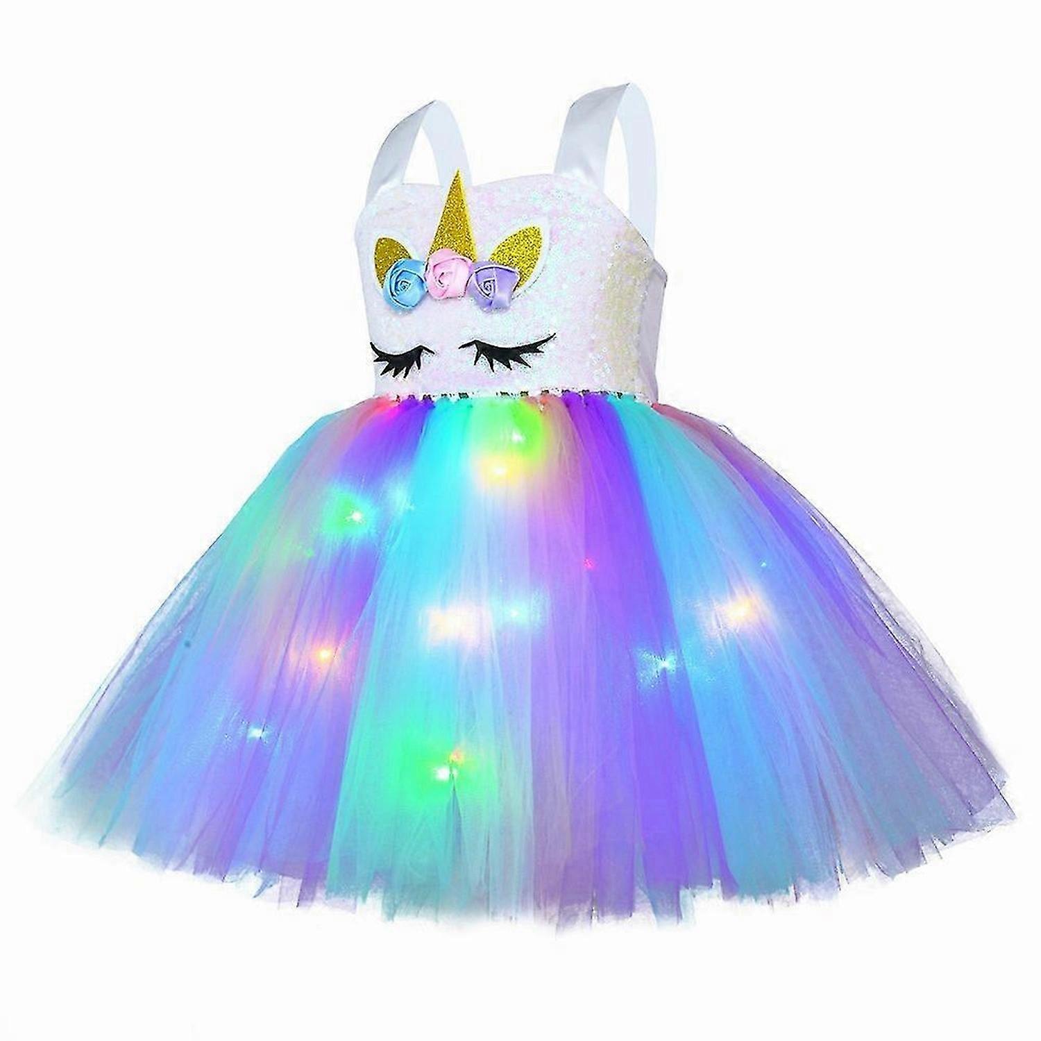 Prenses Tutu LED Unicorn Elbise Kızlar için Gökkuşağı Işıklı Kostümler