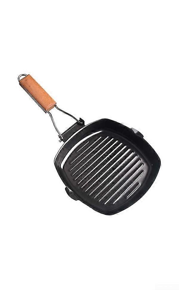 Cast Iron Grill Pan With Folding Wooden Handle NonCoating, Gas Electric Induction Hob Compatible, 20cm