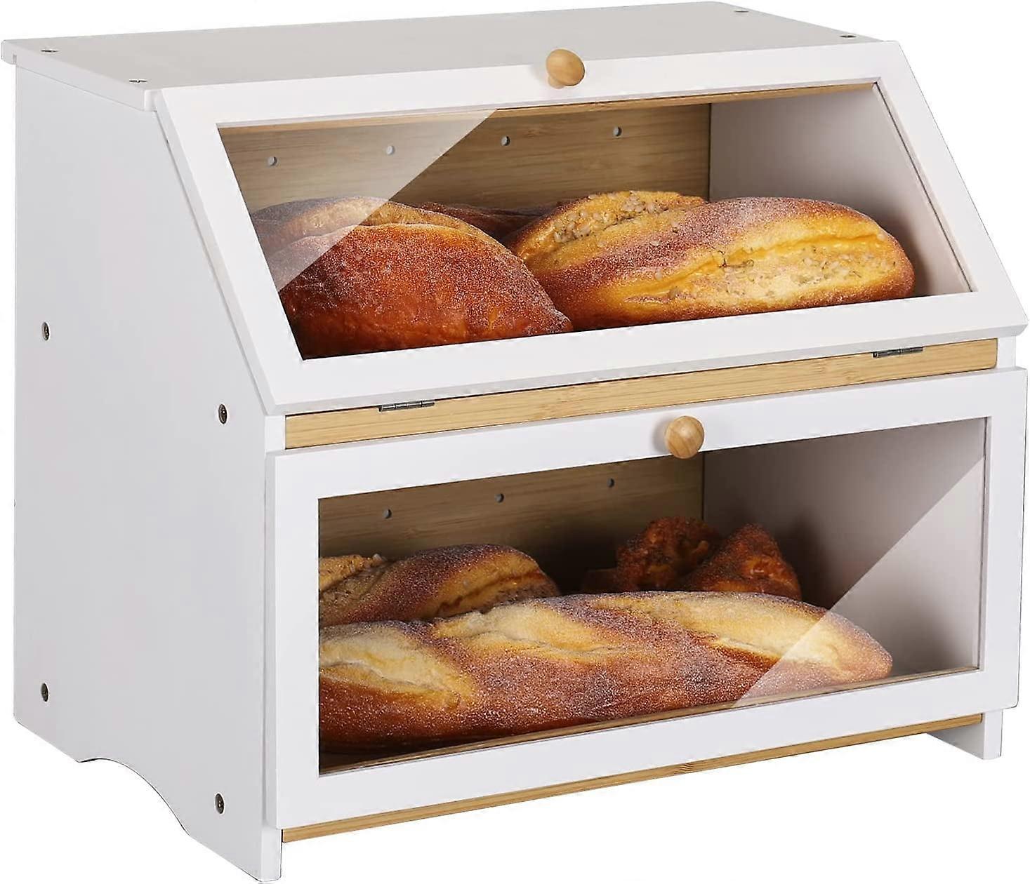 Double Layer Large Bread Box for Kitchen Counter, Wooden Large Capacity Bread Storage Bin (White)