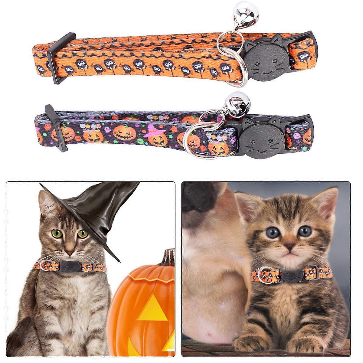Halloween Pets Collar 2Pcs Cat Leash Collar Bell Neck Strap Assorted Color Adjustable Size For Cats