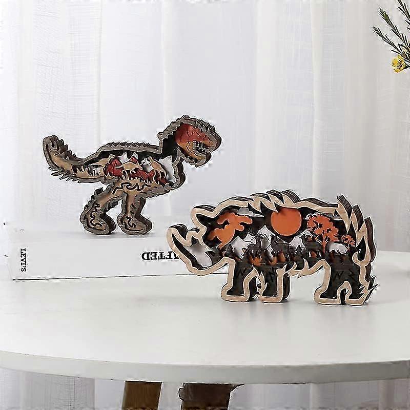 Tyrannosaurus Rex Decoration, Wooden Animal Ornaments Carved Animal Crafts, Statues Home Decorations Multilayer Woodland T-rex Decoration Table Shelve