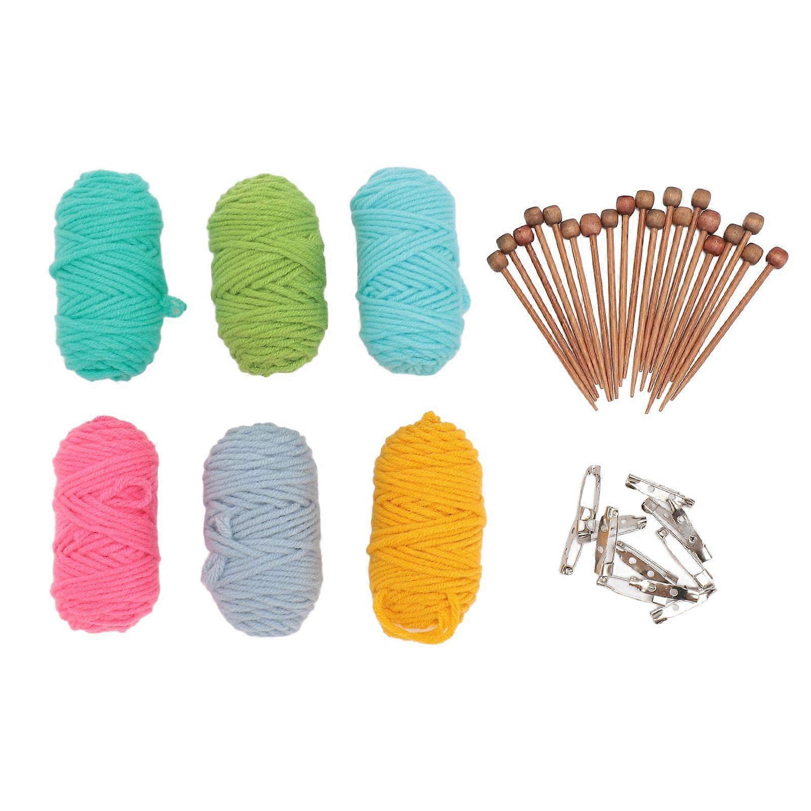 Mini Knitting Tools Set Single Pointed Knitting Needles and 6 Colors Knitting Yarns and Knitting Stitch Holders for Knitting Weaving Walnut Color