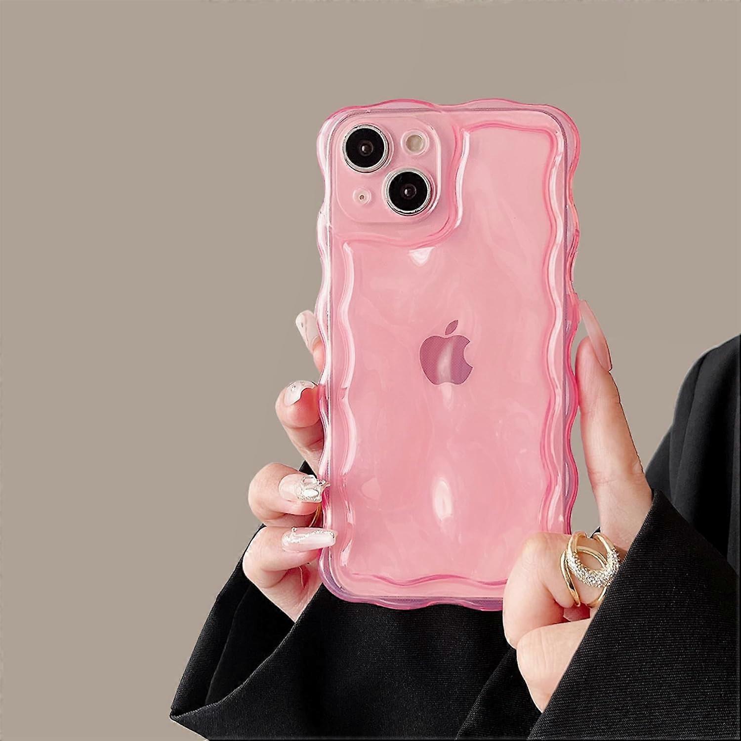 Cute 3D Transparent Meteorite Case for compatible with iPhone 14, Water Ripple Curly Wavy Frame, Soft TPU Shockproof Clear Pink Case 6.1 Inch