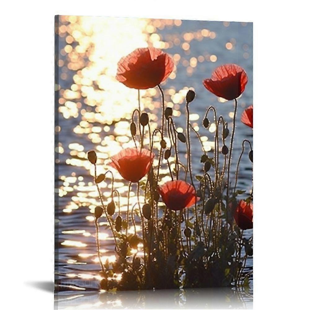 Canvas Wall Art Red Poppies Beside River Canvas Print Art-yezhibbb422