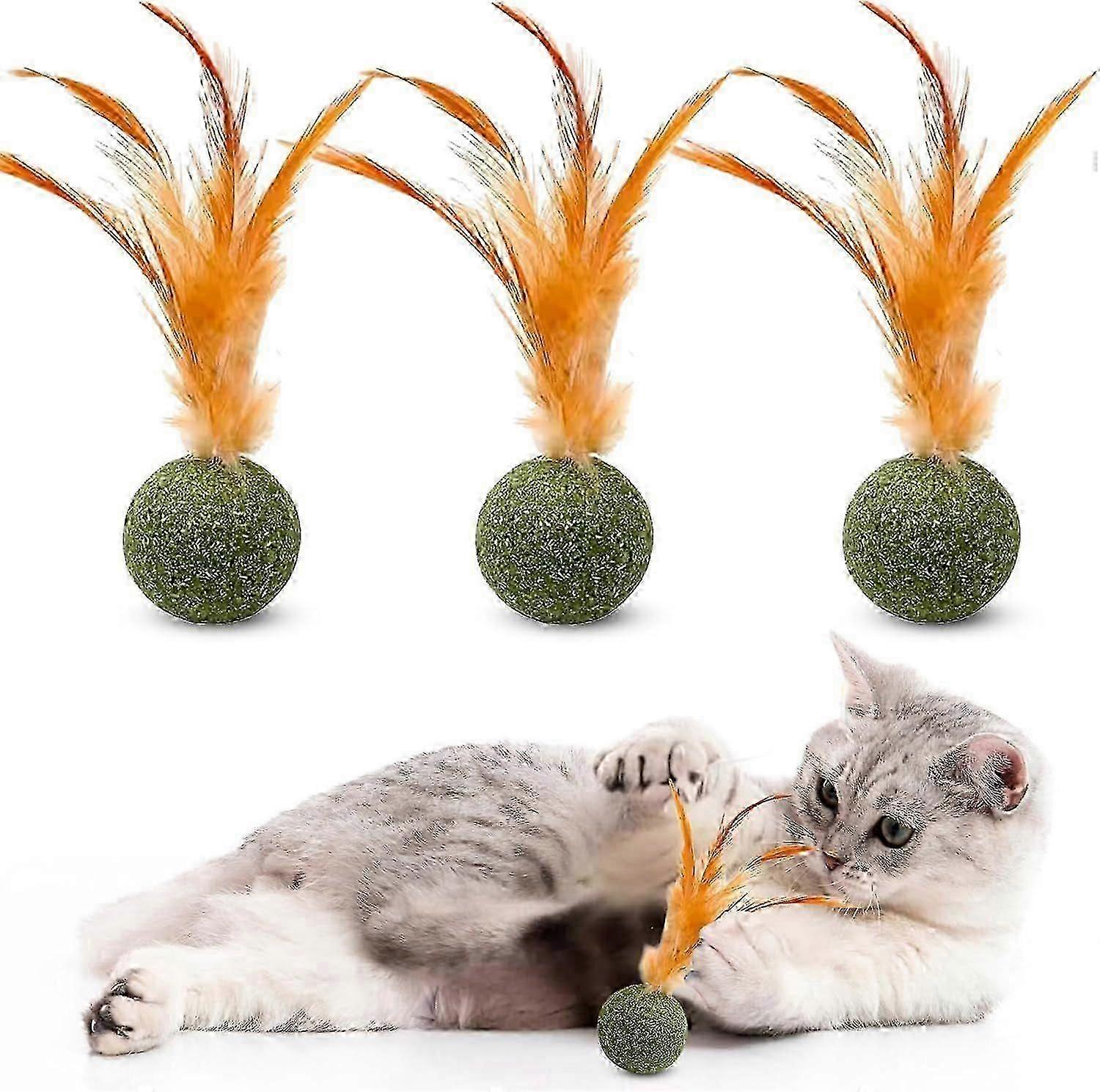 3 Catnip Balls with Feathers - Natural Catnip Toy for Play, Stress Relief & Healthy Enrichment Interactive Cat Toys Perfect for Indoor Cats & Kitte