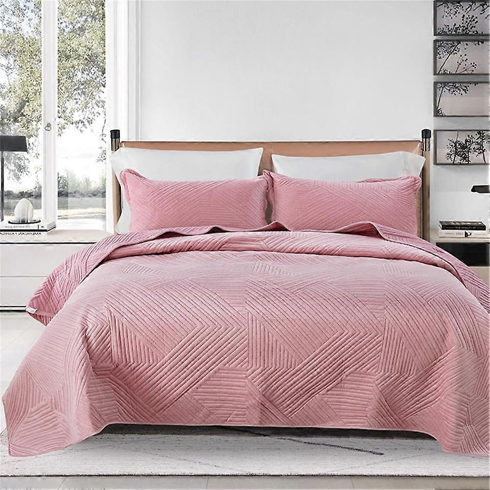 Quilted Bedspread Set Soft Microfiber Lightweight Coverlet 2 Pillowcases Single/Double/King Pink 220x240cm
