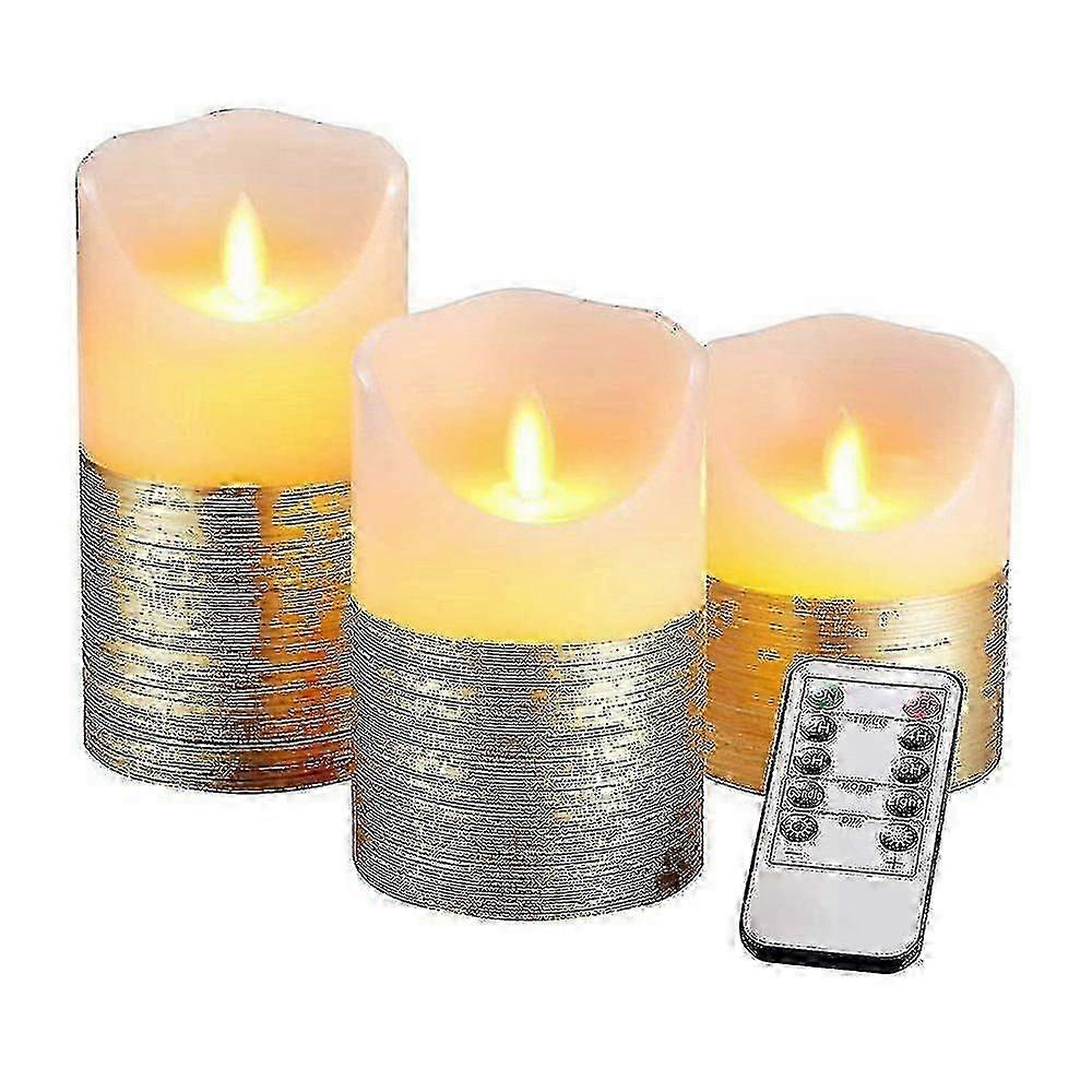 3 Set Gold Battery Operated Flameless Led Candles With 10 Button Remote Control And 24 Hour Timer