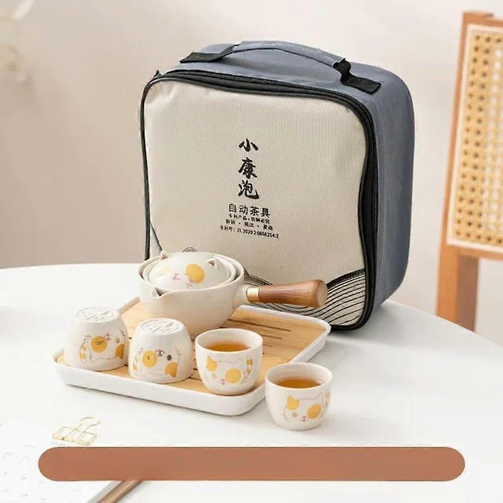 Ceramic Kung Fu Tea Set with 360° Rotating SemiAutomatic Side Handle Teapot for Travel and Home