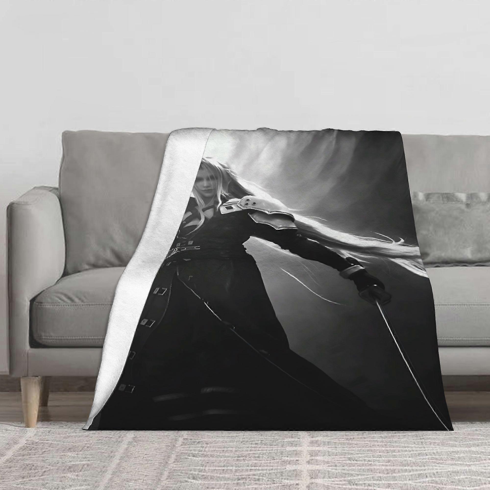 Sephiroth Anime-Themed Flannel Blanket - Soft All-Season Throw with Dynamic Action Pose Design, Black & White Character -UYRTA371