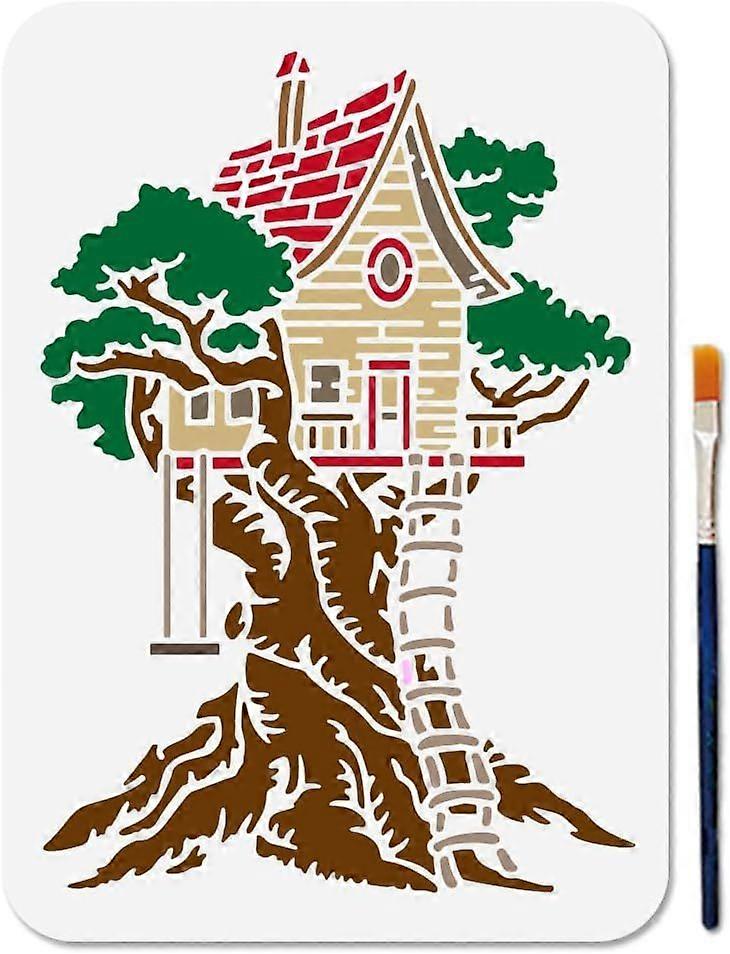 Tree House Stencil 11.78.3inch Reusable Tree Rope Ladder Stencils for Painting Forest Hut Art Craft Templates with Paint Brush for Window Wood Wall Ho