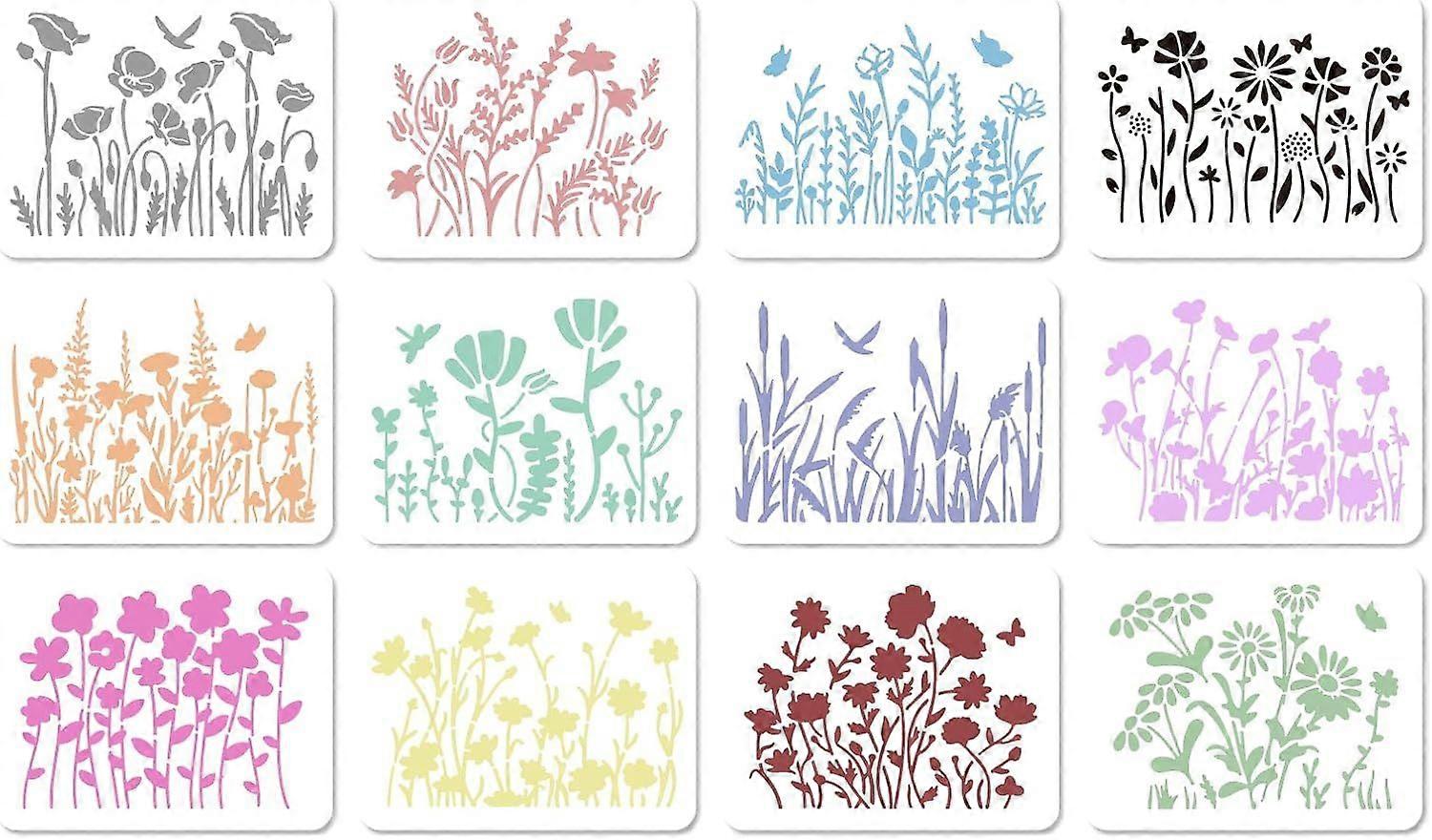 12 Styles Wildflower Stencils Plastic Hydrangea Lily Flower Stencil Spring Floral Reusable Field Rose Templates Drawing Botanical Field Plants Stencil