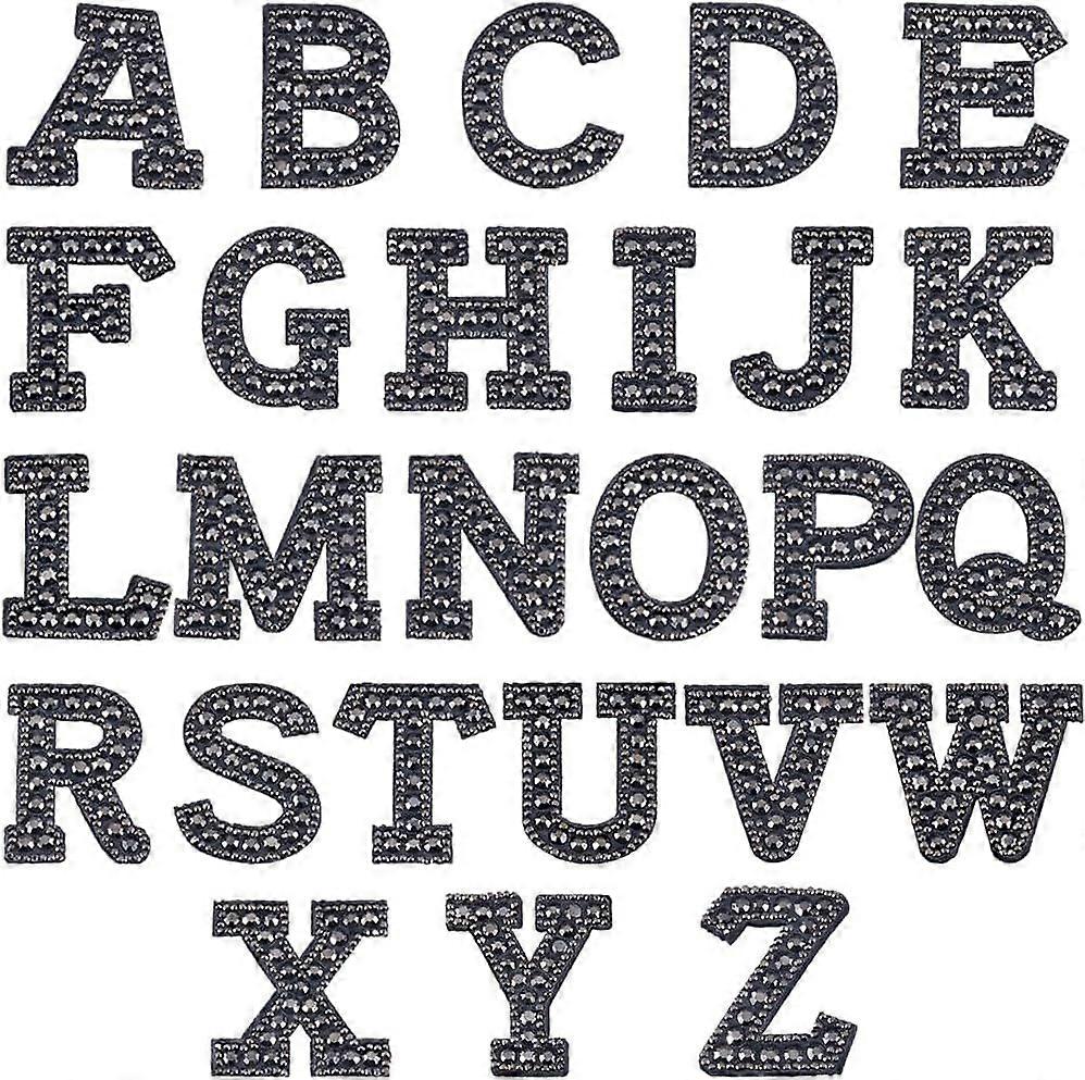 26Pcs Glitter Alphabet Patches Black Rhinestone Iron On Patch A-Z Sew On Patches Bling Letter Applique Alphabet Stickers Embroidered Patches for Hats 