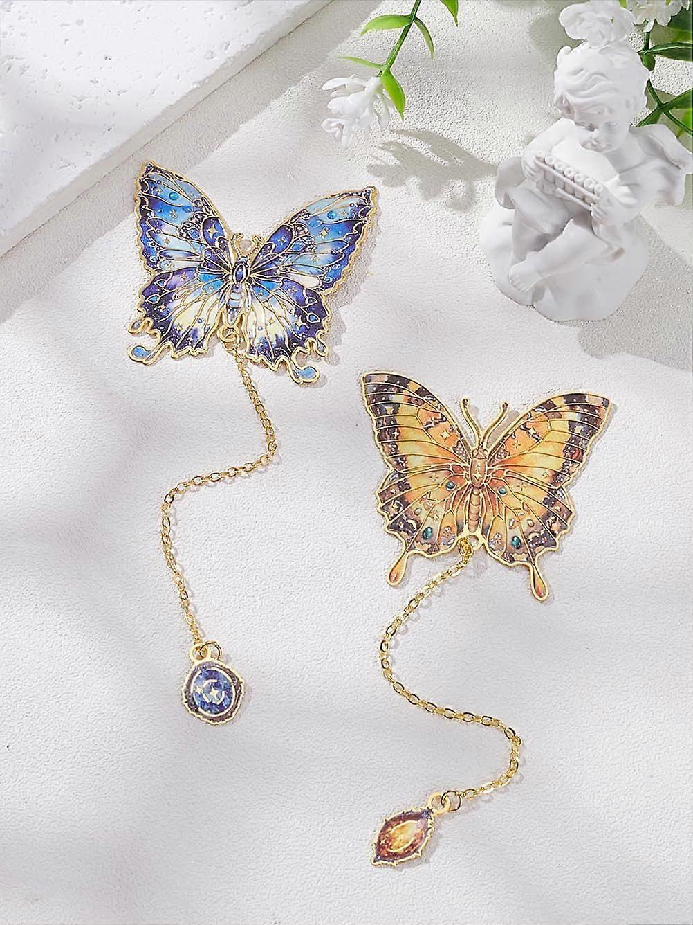 2Pcs Butterfly Alloy Enamel Charms Bookmarks with Chain Mixed Color Page Trackers Paper Clips for Book Lovers Writers Reading Birthday Christmas Party