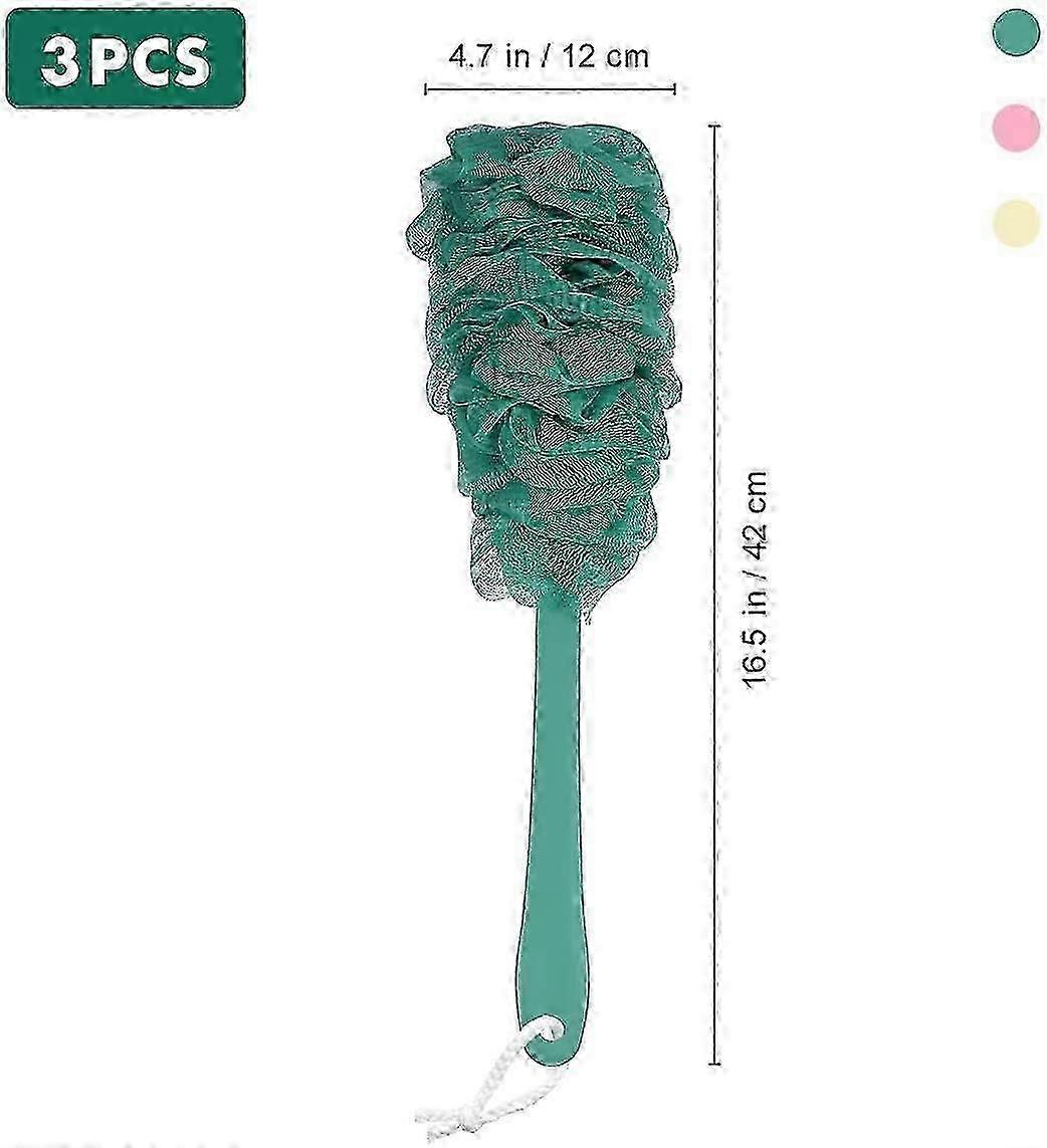 Pakke med 3 dusjsvamp med håndtak, nettingbadebørste med langt håndtak
