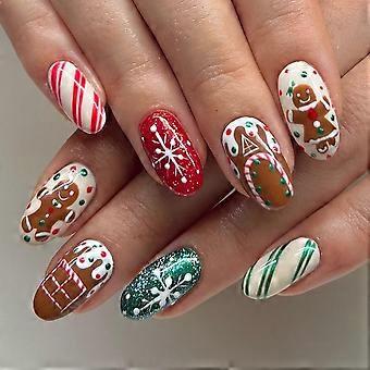 Christmas Press On Nails Set, Red and Green Almond with Snowflake and Gingerbread, Medium Length Acrylic