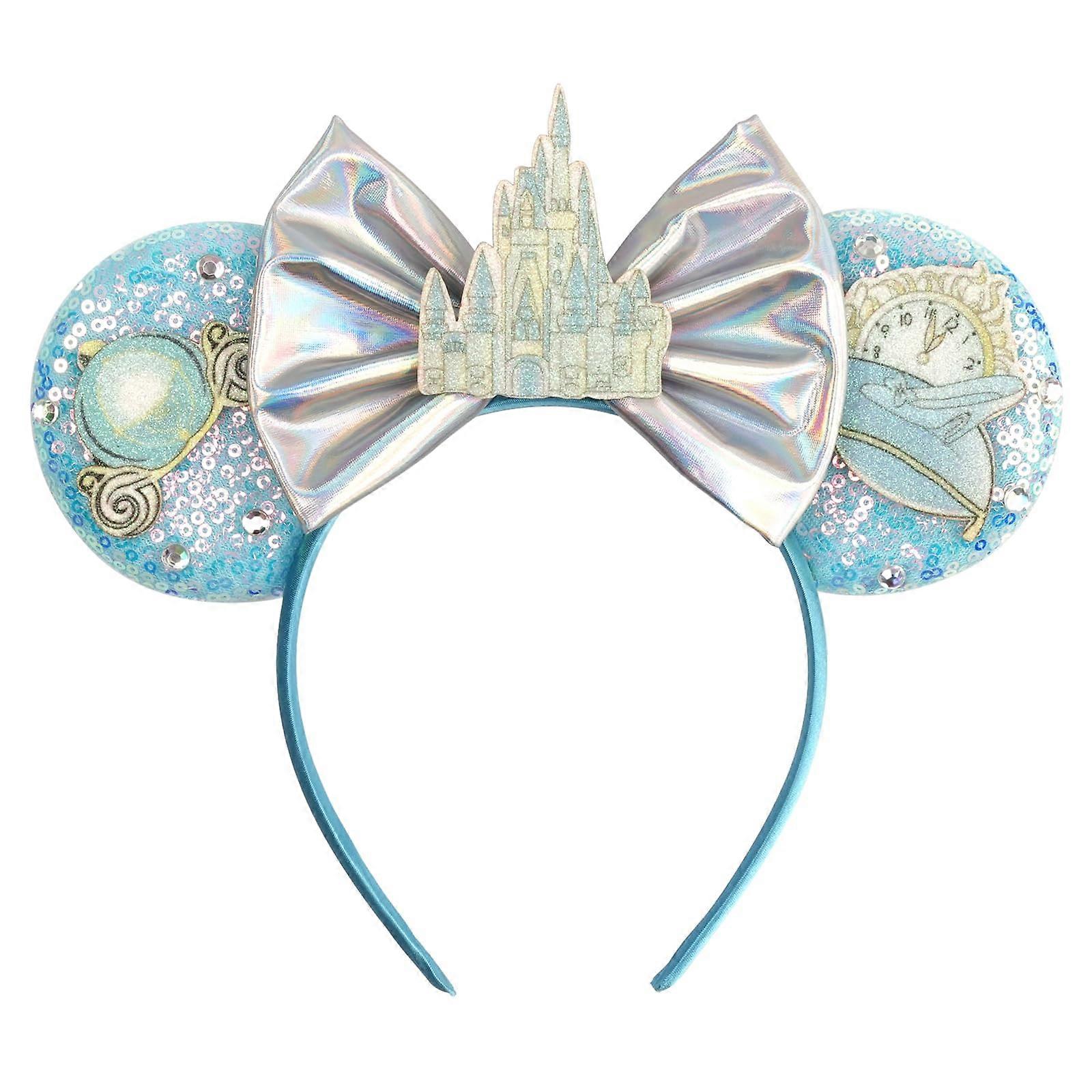 Mouse Ear Headband Blue Sequin Castle Design Adjustable Comfort Fit for Theme Parks