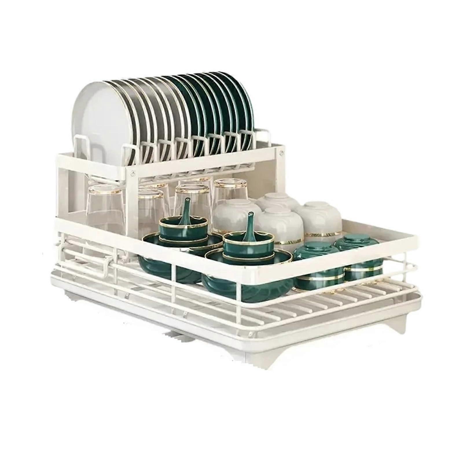 Adjustable Over Sink Dish Drying Rack with Drainboard and Cutlery Storage for Kitchen Plates WhiteB