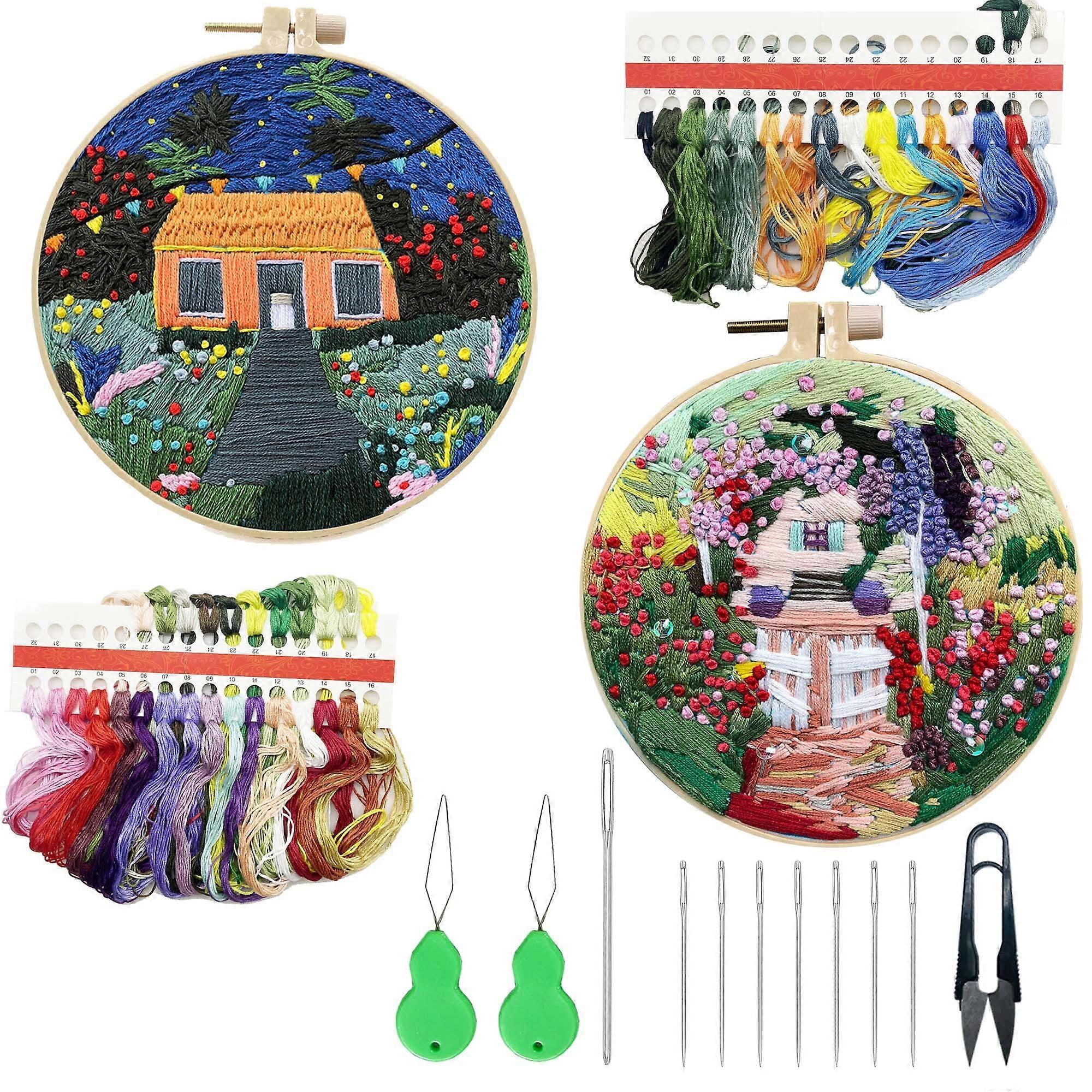 Embroidery Kit for Beginners with Adjustable Hoop and ColorCoded Threads, Garden Pattern Set