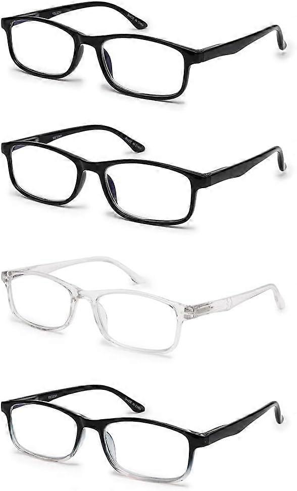 Computer Reading Glasses - Blue Light Blocking, Rectangular Frame, Spring Hinges - +2.00 Magnification, 4 Pair Set with Pouches
