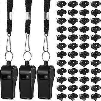 48 Pcs Black Plastic Whistles Bulk with Lanyard Sports Loud Crisp Sound Whistles for Coach Referees Training Emergency