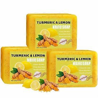 3 Stück handgemachte Kurkuma-Zitronen-Kojisäure-Seife, 3-in-1 Reinigungsöl-Seife mit Peelingpartikeln, physikalisches Peeling für Gesicht und Körper