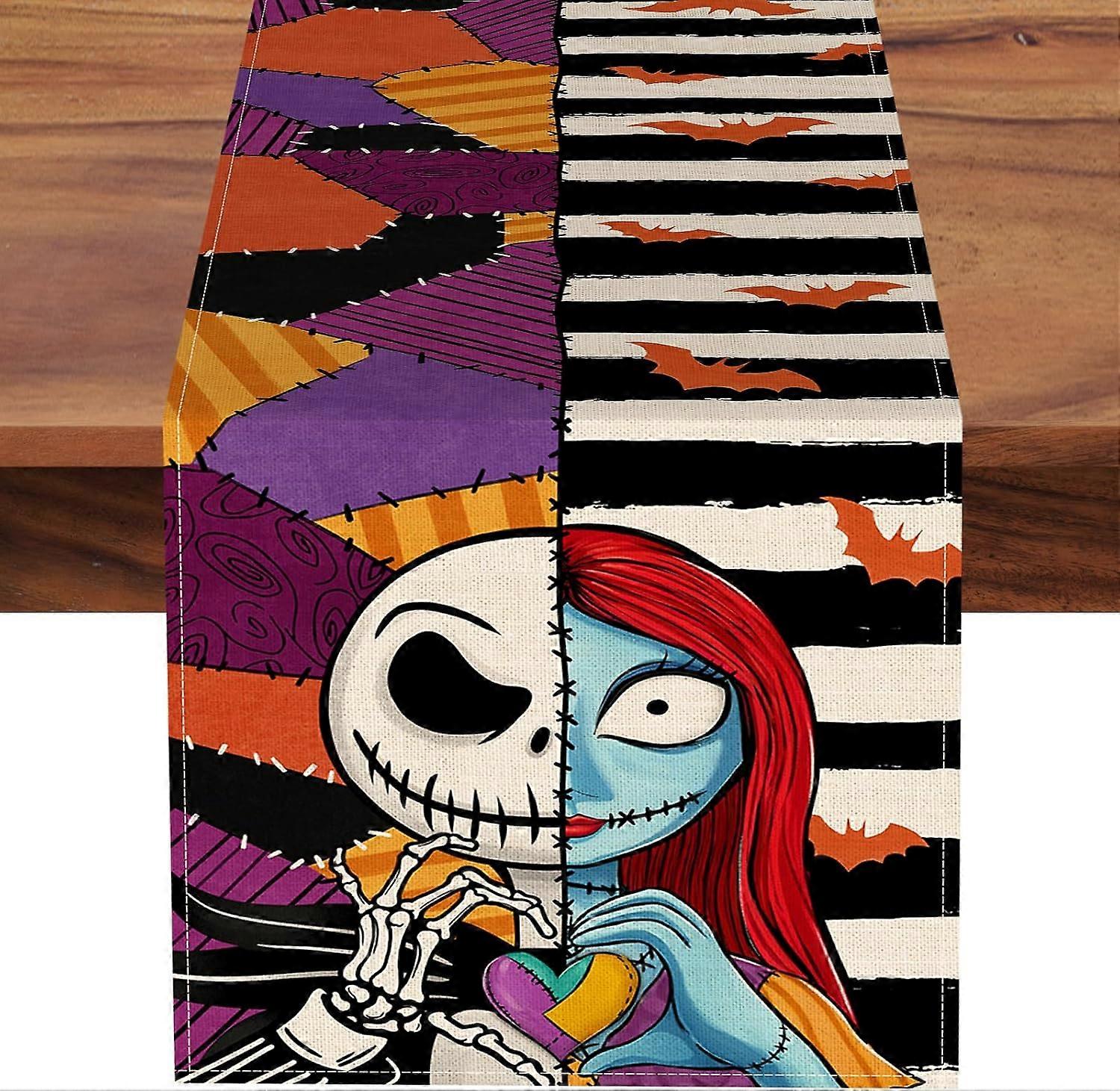 Halloween Jack Table Runner, Black White Stripes Patch Bat Kitchen