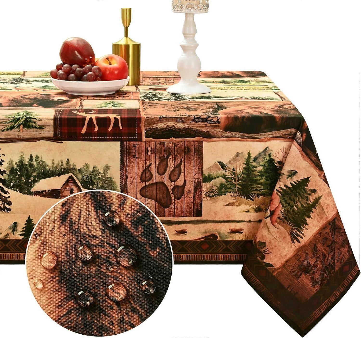 Tablecloth Rectangle Rustic Table Cloth Vintage Table Covers Lodge Bear Forest Patchwork Plaid Tablecloth Waterproof Polyester Table Cover for Kitchen