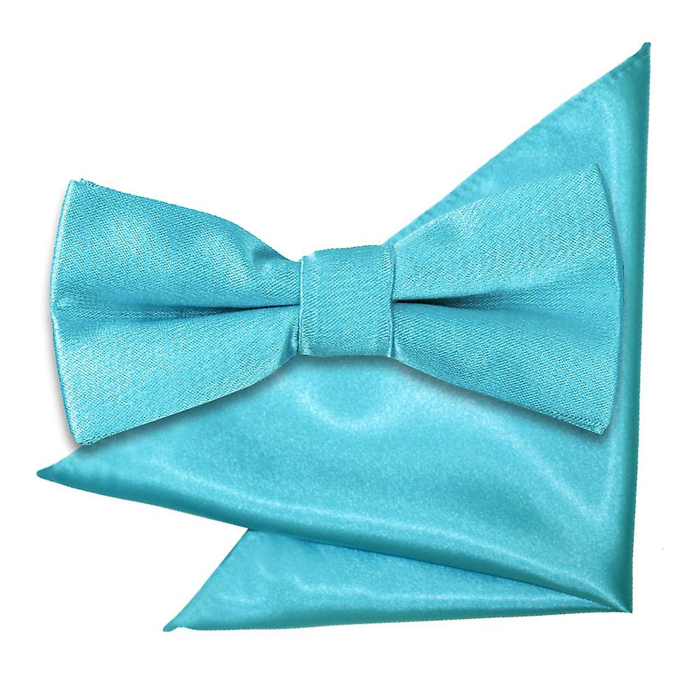 Robin's Egg Blue Plain Satin Bow Tie and Pocket Square Set for Boys