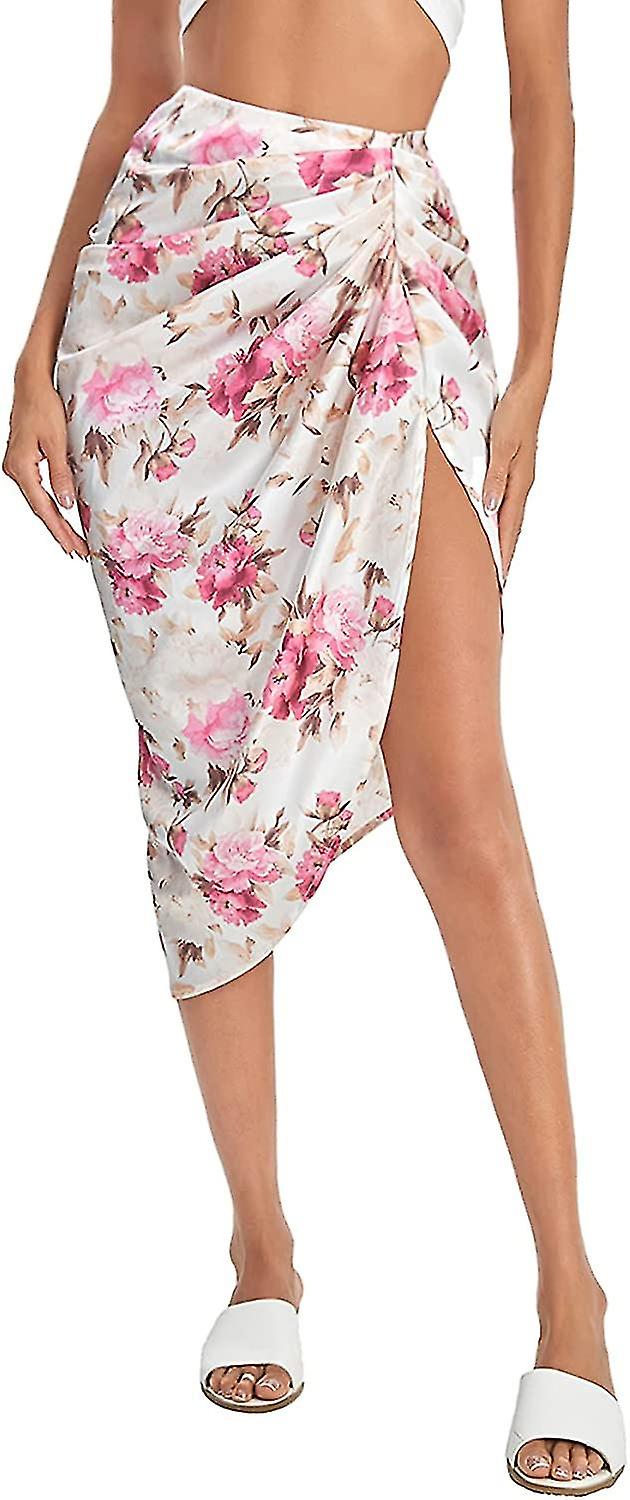 Femmes Boho Floral Print Split Thigh Satin Ruched Midi Jupe S-2XL