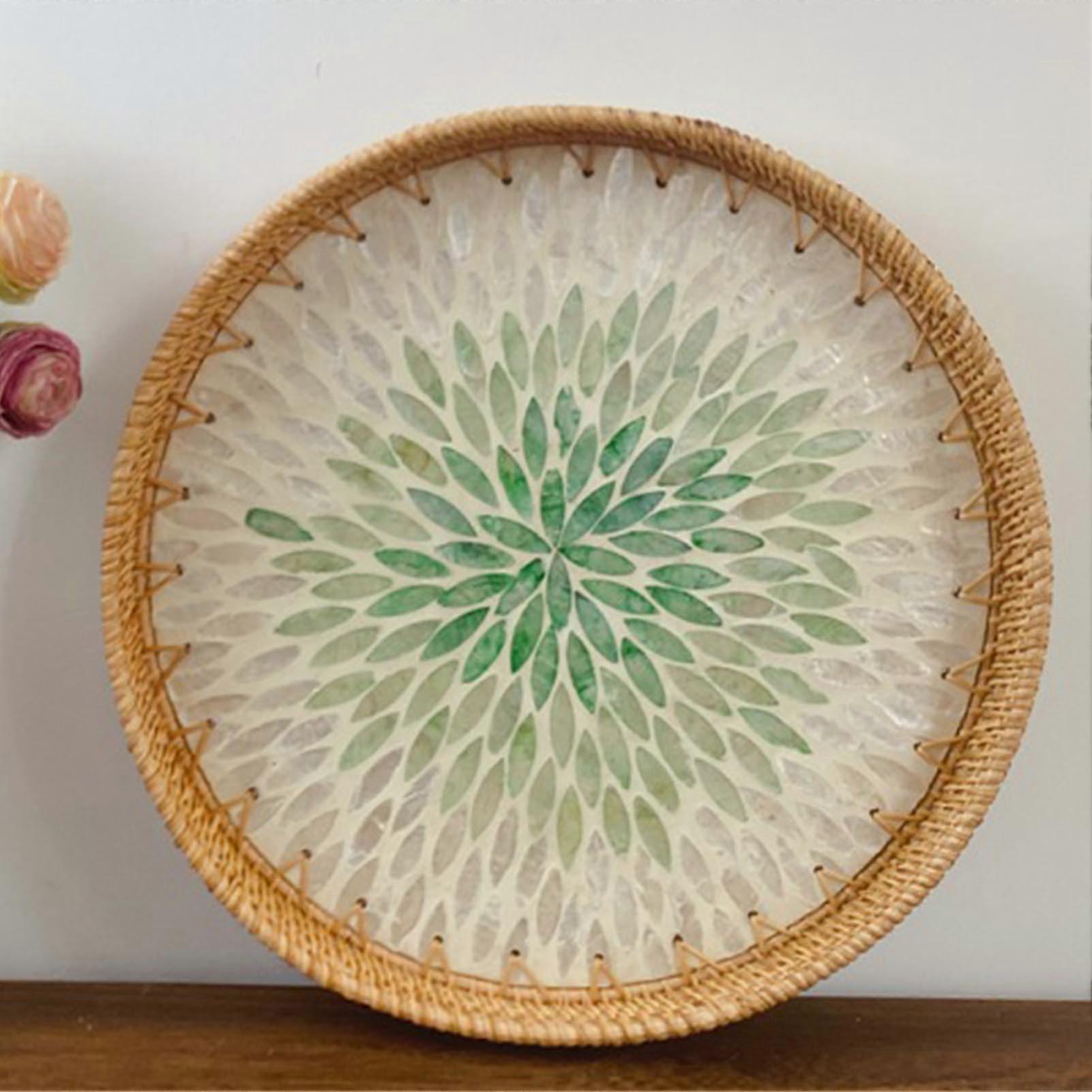 Green Rattan Round Serving Tray with Shell Trim for Coffee Table Snacks