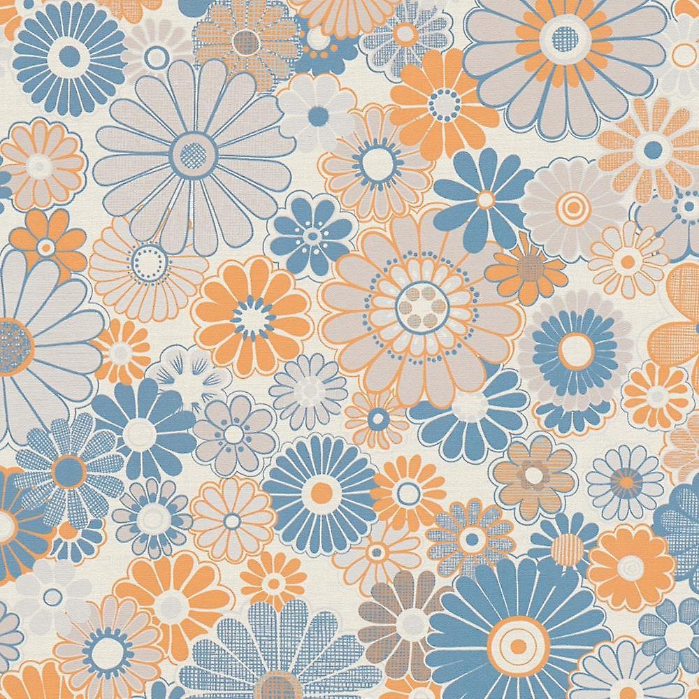 AS Creation Retro Flowers Blue Orange Wallpaper