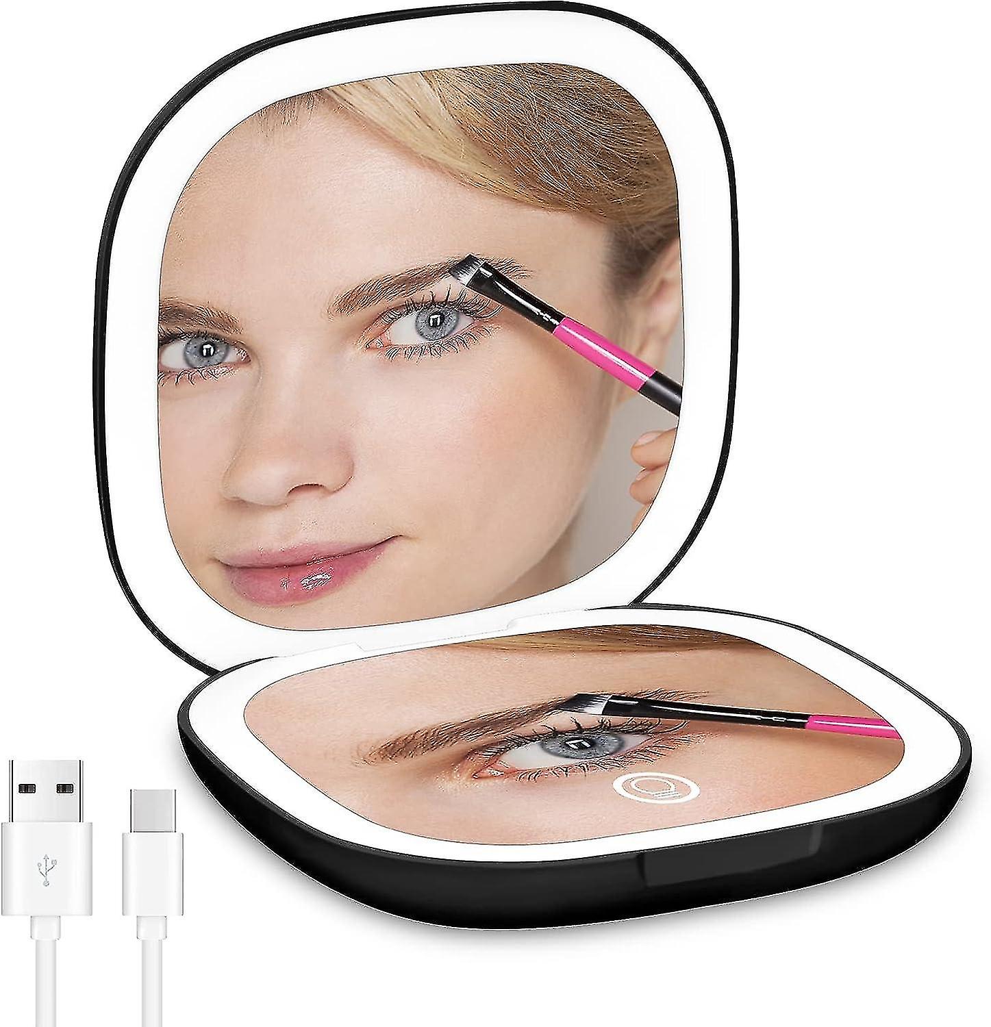 (Black)Pocket Makeup Mirror with Magnification, Compact Mirror with Rechargeable and Dimmable LED, G