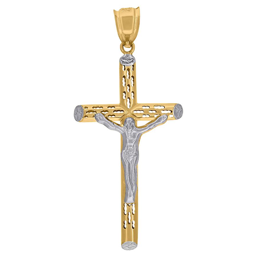 10kツートンゴールドメンズ宗教十字架ペンダント56.4x25.6mm男性用ワイドネックレス - 2.1グラム