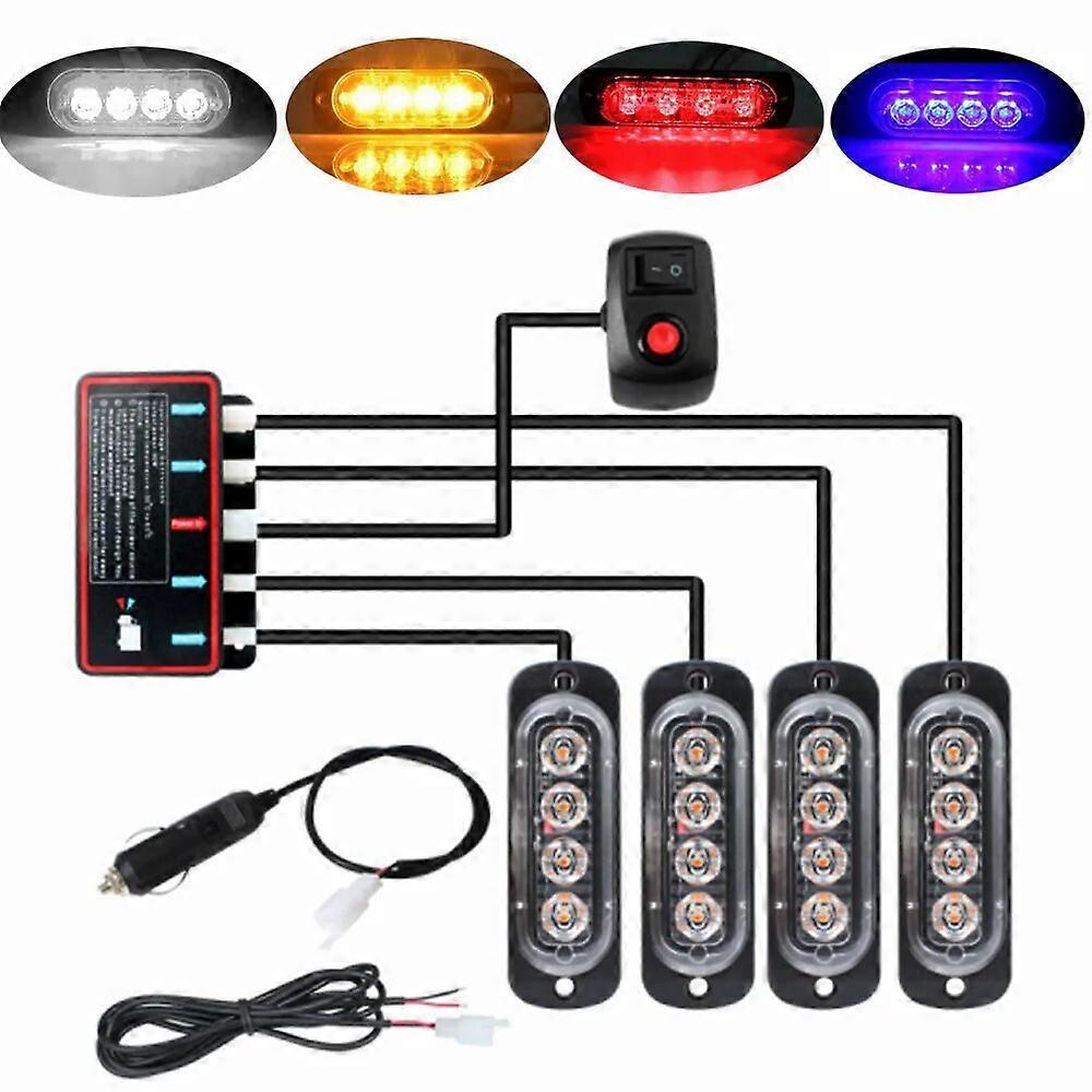 4 In 1 4LED 12V~24V Ultra Slim Sync Feature Emergency Car Strobe Warning Lights Red Beacon Waterproof Flashing Lighting FN9U0254