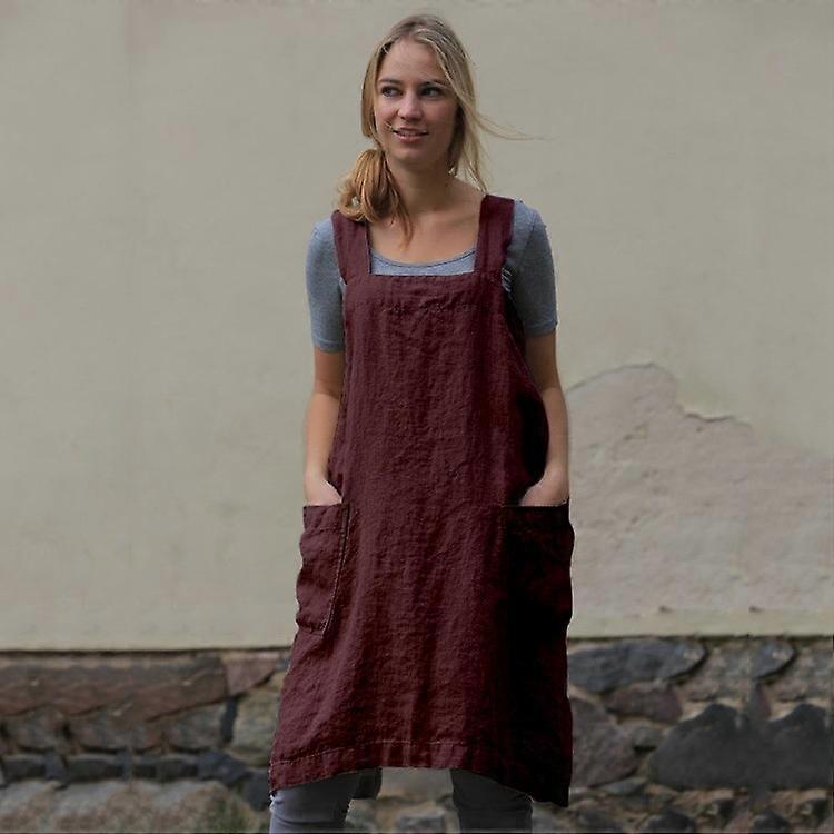 Bumbac lenjerie șorț Cruce înapoi șorț pentru femei cu buzunare Pinafore Rochie de bumbac pentru femei lenjerie șorț Loungewear Loose