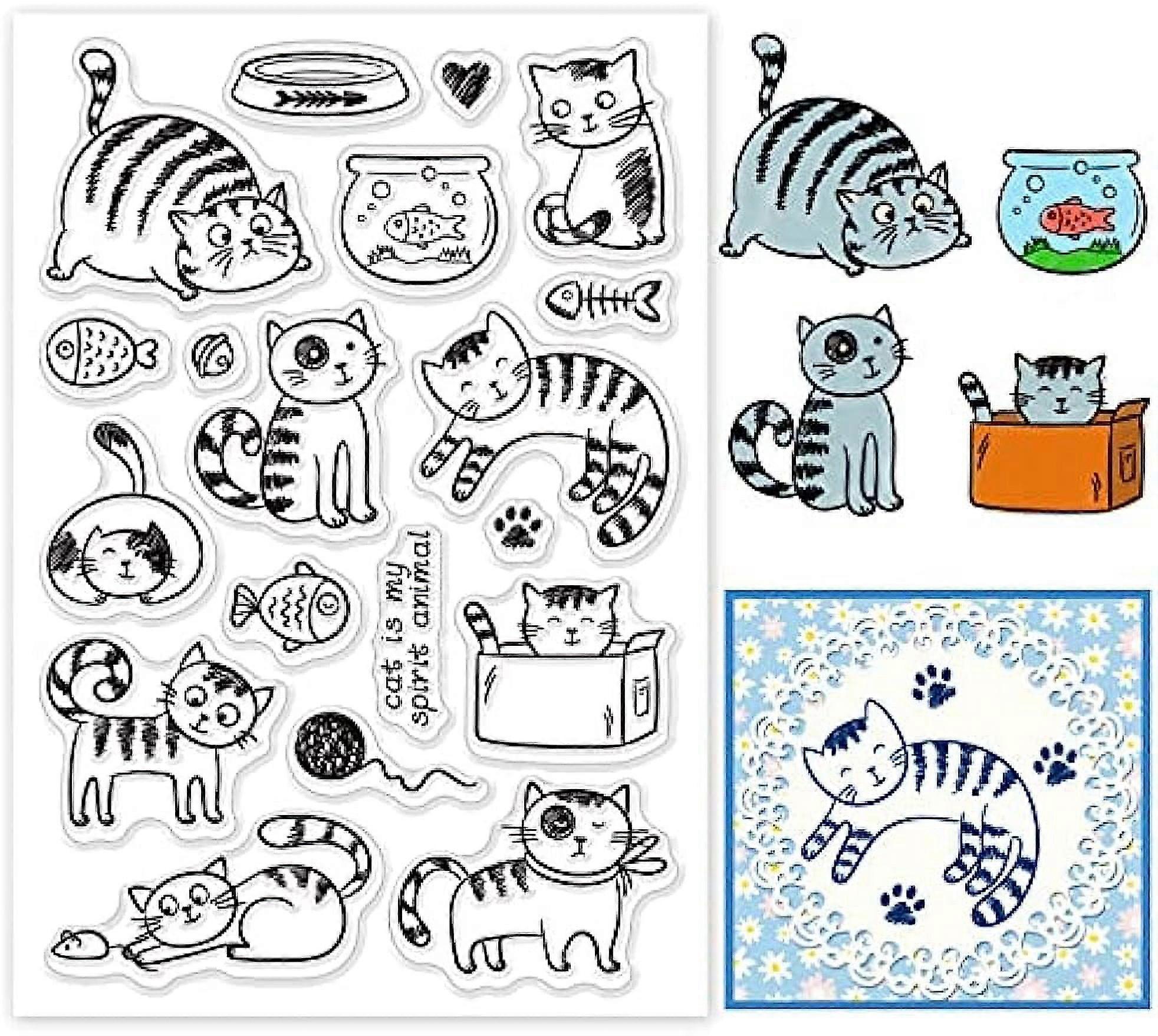 1Sheet Cat Clear Stamps Cute Pet Cat Fish Silicone Rubber Stamp Film Frame Transparent Seal Stamps Clear