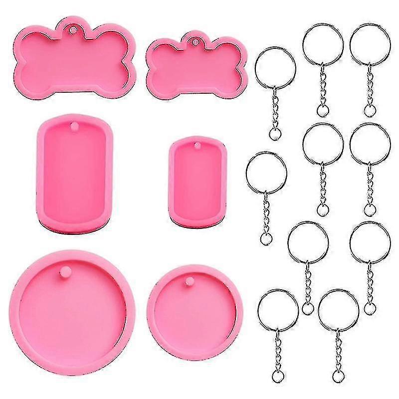 6 Pieces Dog Bone Shaped Silicone Mold Set Diy Round Keychain Epoxy Resin Mould Dog Tag Pendant Casting Mold With Blank Keychains