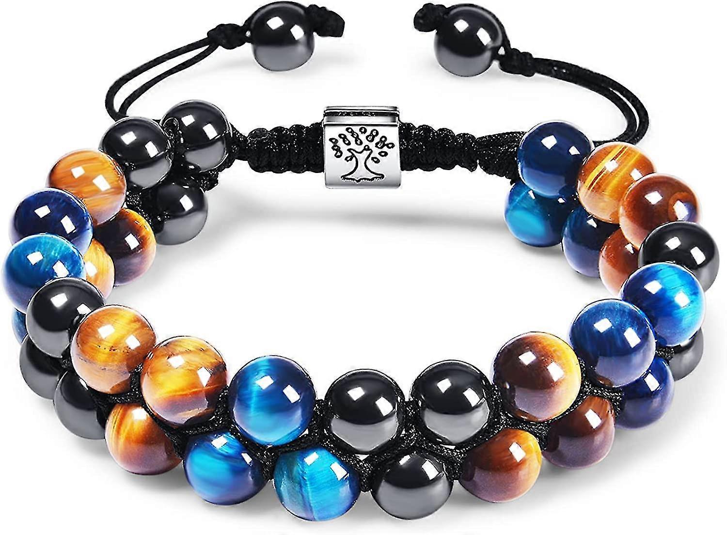 三重保护手链、男士女士水晶手链虎眼赤铁矿、黑曜石天然石8mm疗愈手链手工编织珠护身符