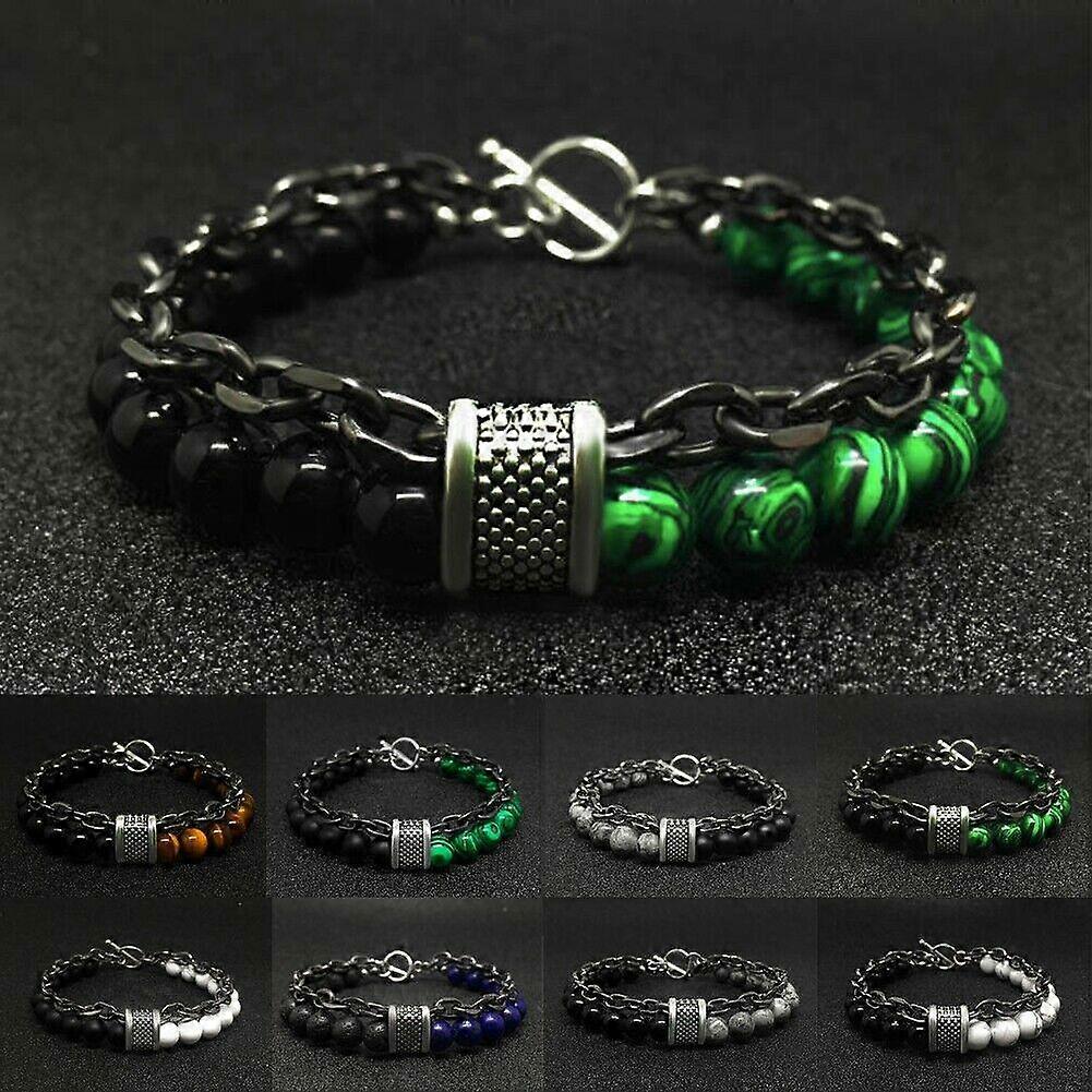 Stainless Steel Mens Two Layer Beads Bracelet Stack Tiger Eye Stone Bangle Chain