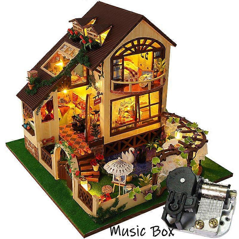 Redkid Maison de poupée en bois Kits de modèle Miniature avec meubles Lumières LED Grande Villa Casa