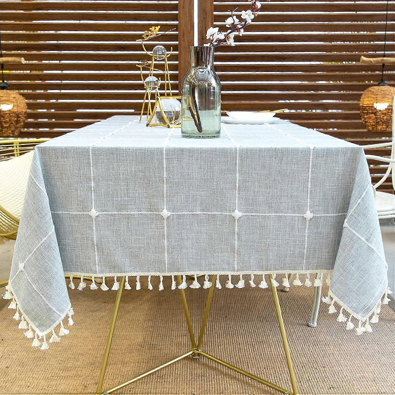 Washable tablecloth with tassels cotton and linen with lotus effect, water-repellent, non-slip, for restaurant, garden, modern, table protector (T4, 1