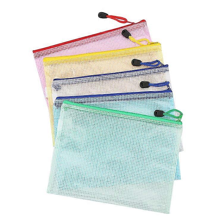 5Pcs A5 Plastic Wallet Zipper Lock Pocket Mesh File Wallet File Folder